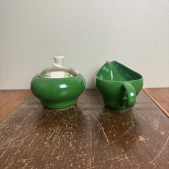 Vintage MCM retro green white brown ceramic cream &‎ sugar serving set - Picture 5 of 11